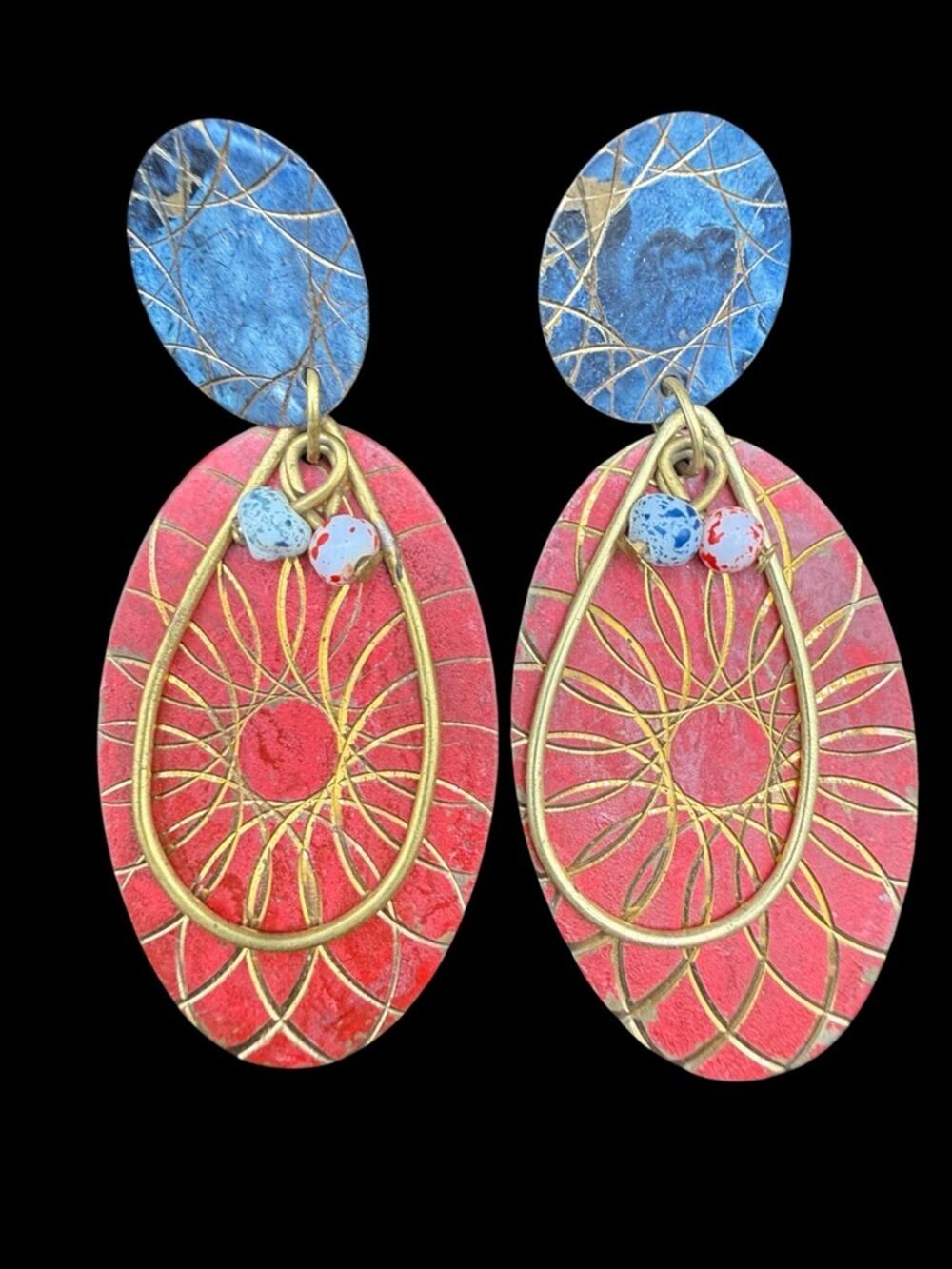 Handcrafted Red and Blue Oval Drop Earrings with Gold Accents